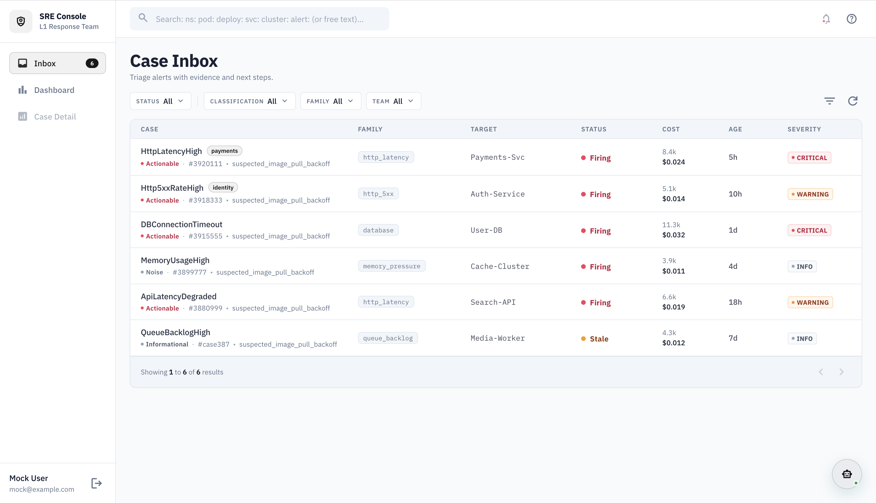 Tarka SRE Console — Case Inbox